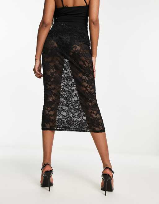 Flounce London sheer lace midi pencil skirt in black