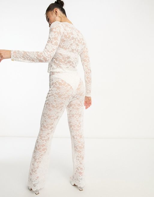 Flounce London sheer lace pants in white -set