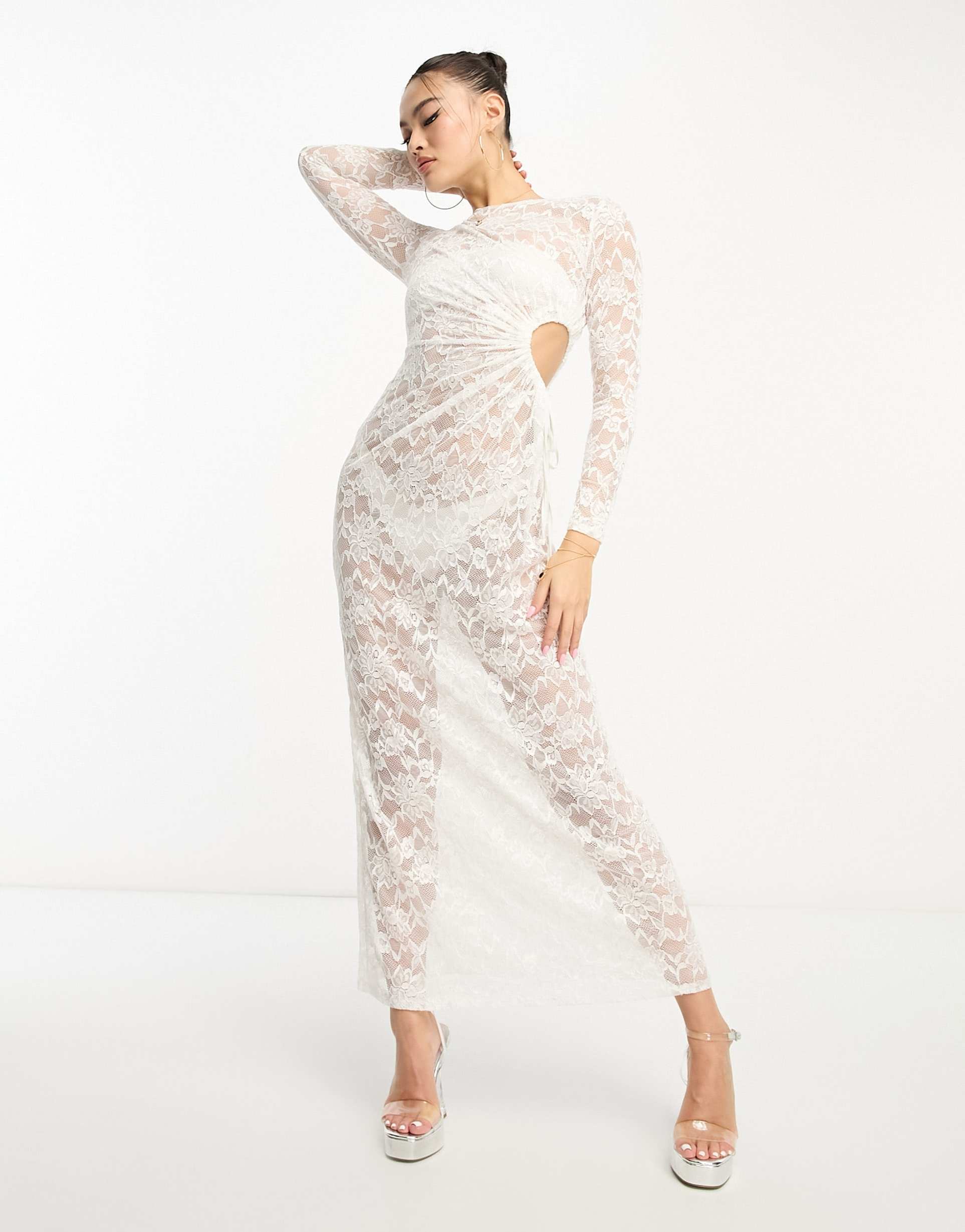 flounce london sheer lace ruched maxi dress in ivory