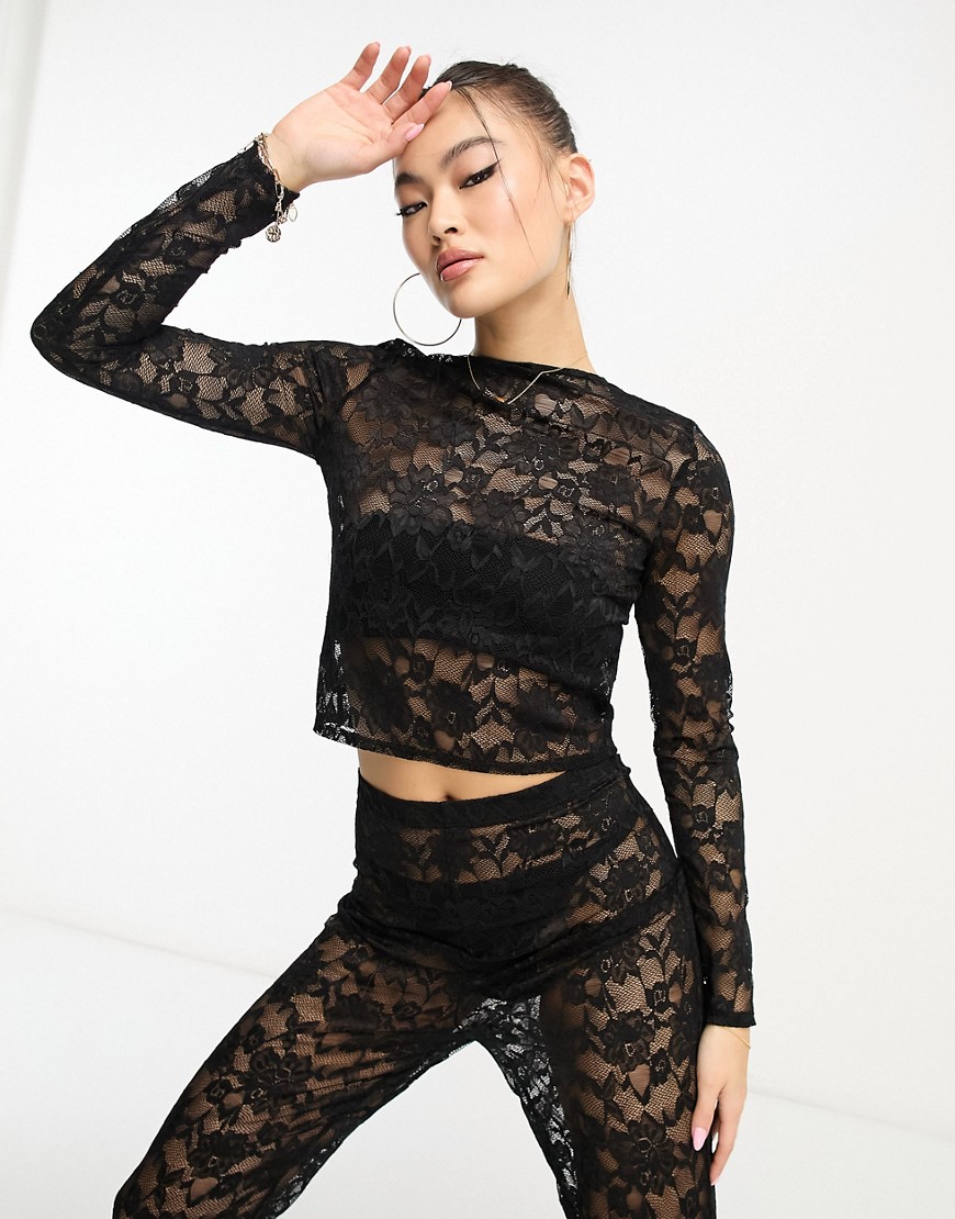 Flounce London sheer lace top in black co ord