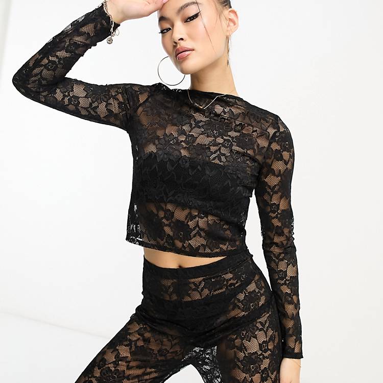 Flounce London sheer lace top in black - part of a set | ASOS