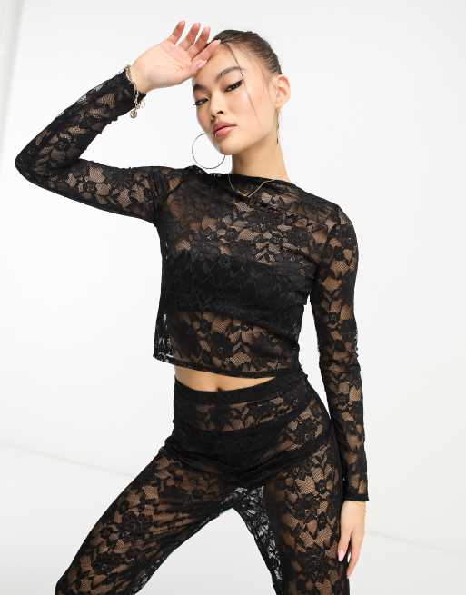 Black Lace Sheer Cropped Leggings, Bottoms