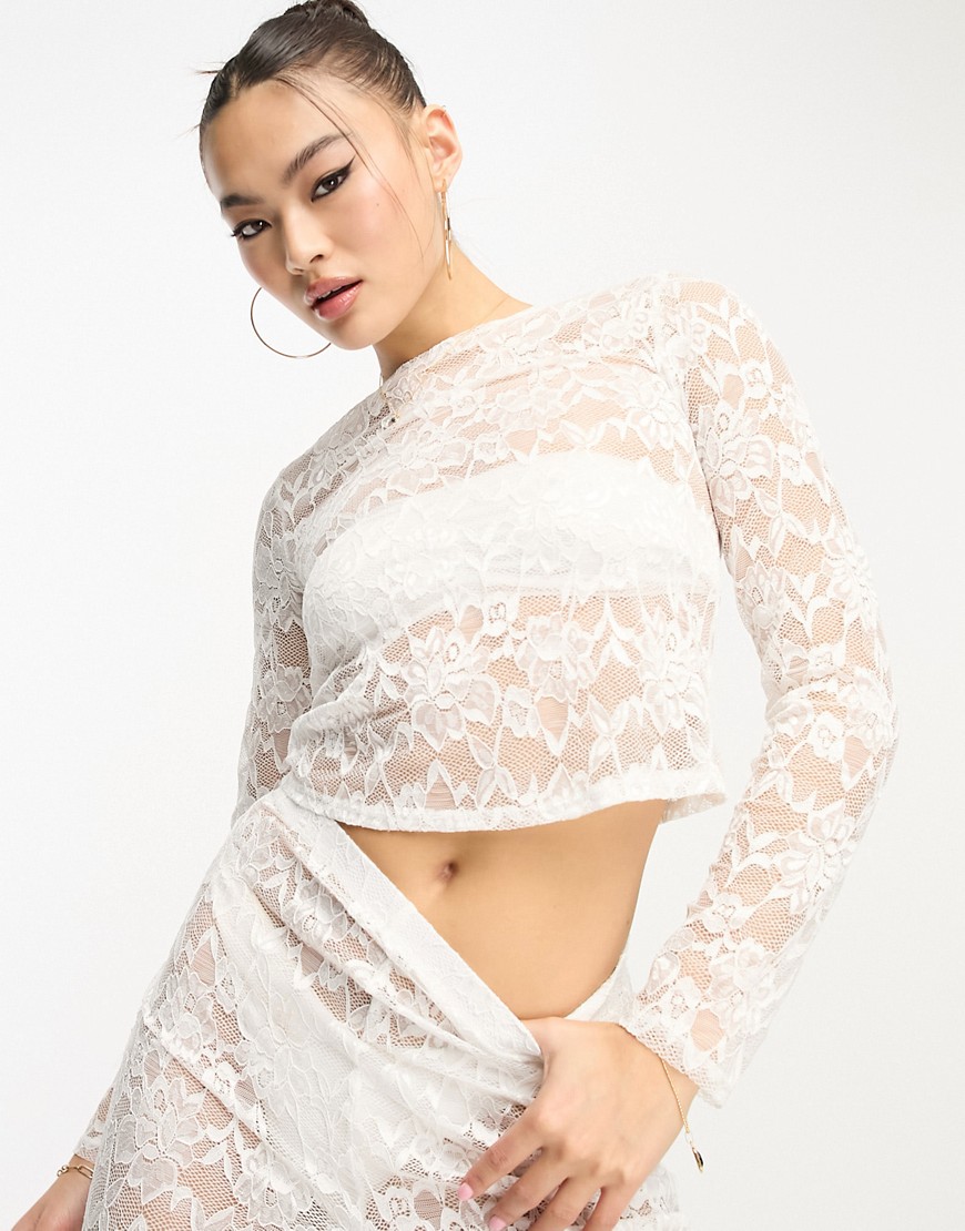 Flounce London sheer lace top in white co ord