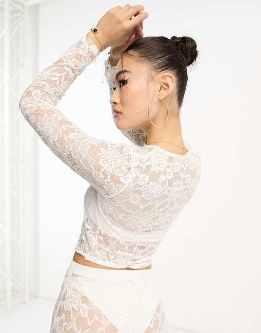 Flounce London sheer lace top in white co ord | ASOS