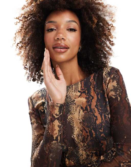 Flounce London Sheer Sleeve Maxi Dress with Fishtail in Snake print Multi