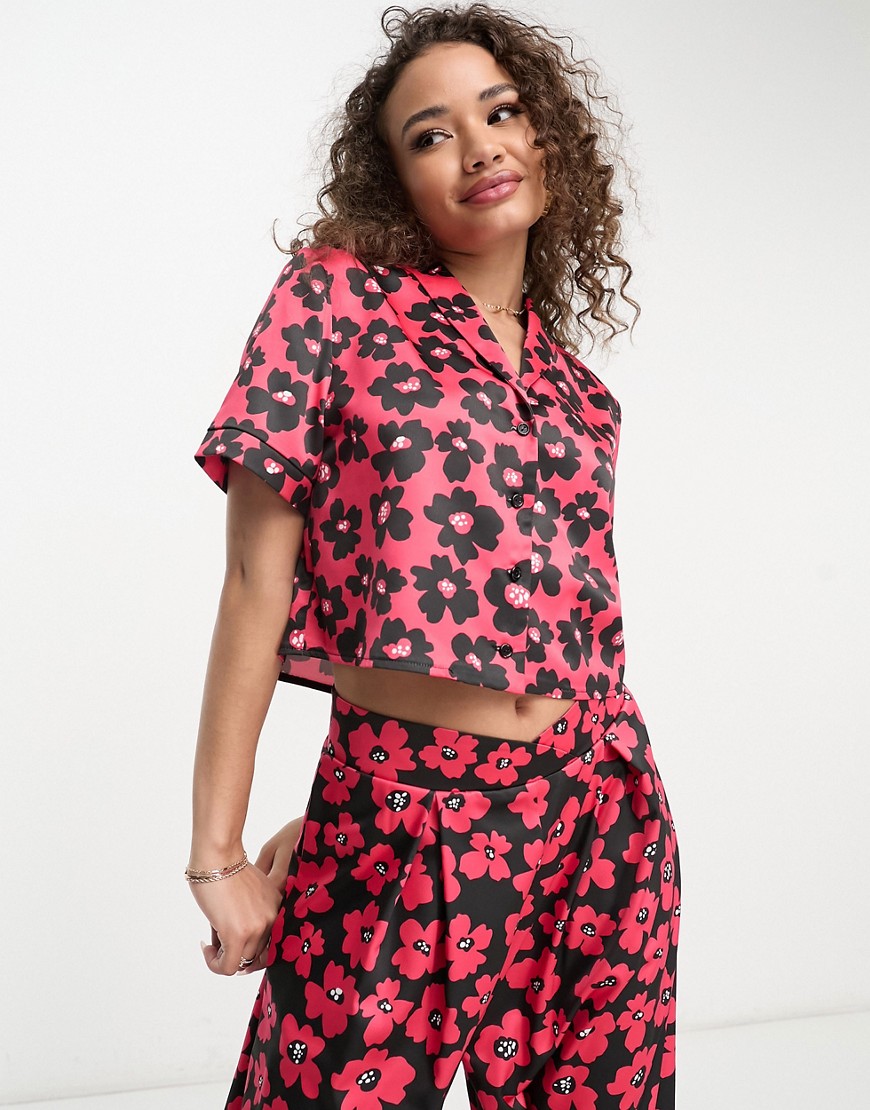 Flounce London short sleeve cropped shirt in red and black floral co-ord
