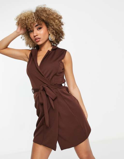 Flounce London sleeveless tie blazer dress in chocolate , 4 of 4
