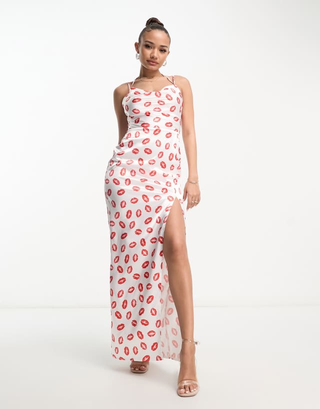 Flounce London slinky cami maxi dress in lip print