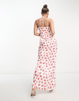 Flounce London slinky cami maxi dress in lip print