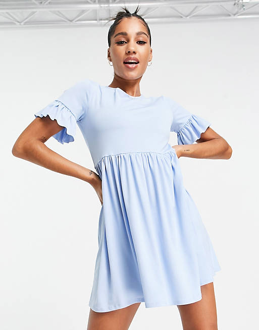 Flounce London smock dress with frill sleeve in blue