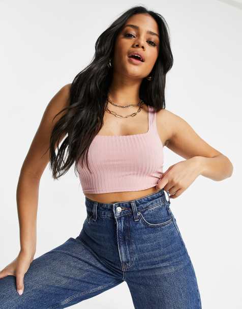 Flounce London square neck rib crop top in blush - view 1
