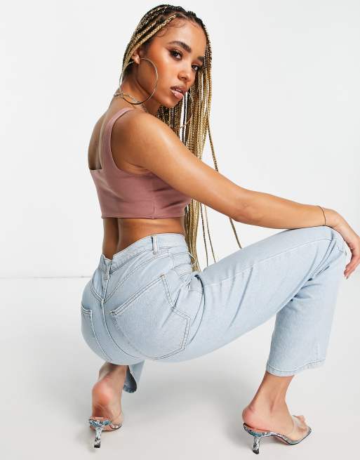 Flounce London square neck slinky crop top in light brown, 3 of 4