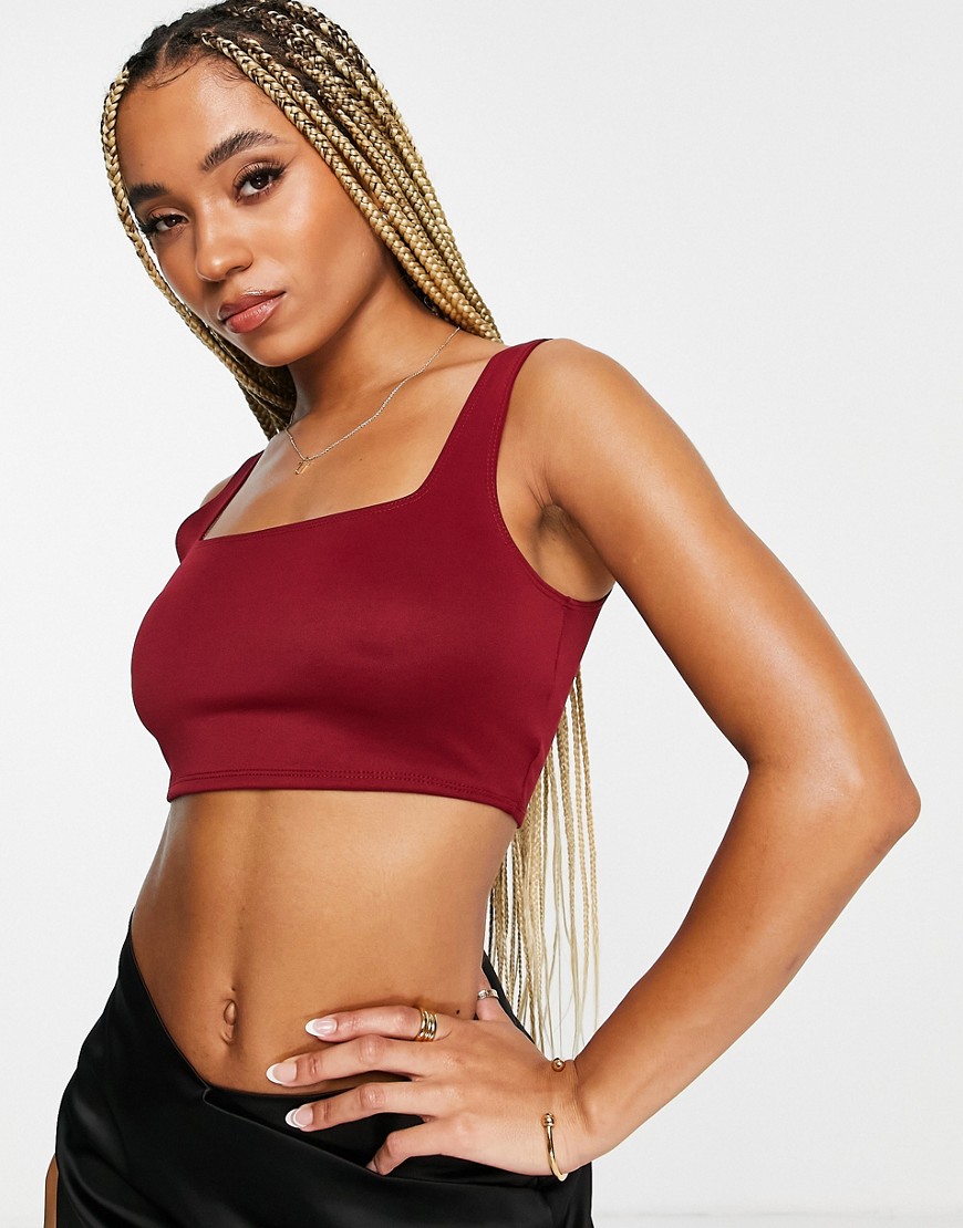 Flounce London square neck slinky crop top in wine-Red