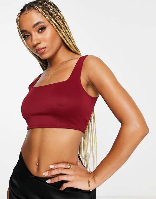 Flounce London square neck slinky crop top in wine