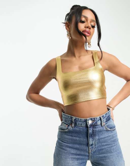 magnifiek Pool tekort Flounce London square neck slinky festival crop top in metallic gold | ASOS