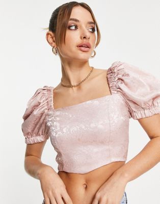 Flounce London satin square neck smocked blouse in dusty rose co-ord