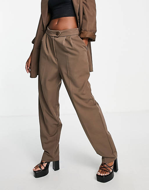 Women Flounce London straight leg trousers with pleated front in chocolate 