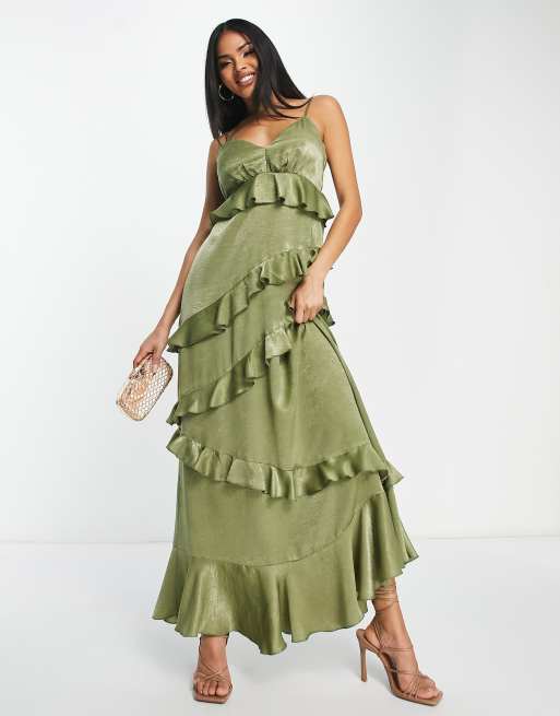 Flounce London – Sukienka maxi w kolorze khaki na ramiączkach z falbankami