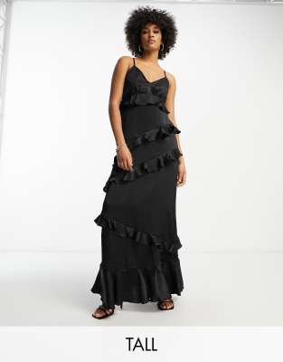 all over ruffle cami maxi dress in black