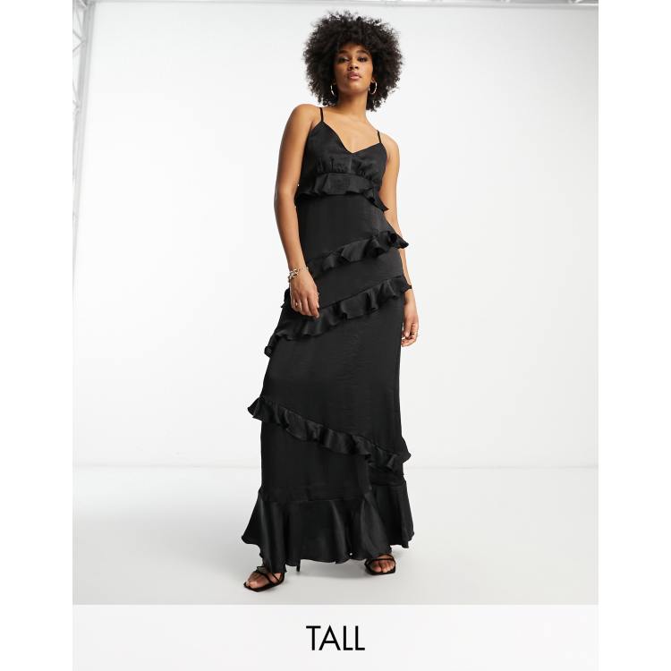 Flounce London Tall all over ruffle cami maxi dress in black