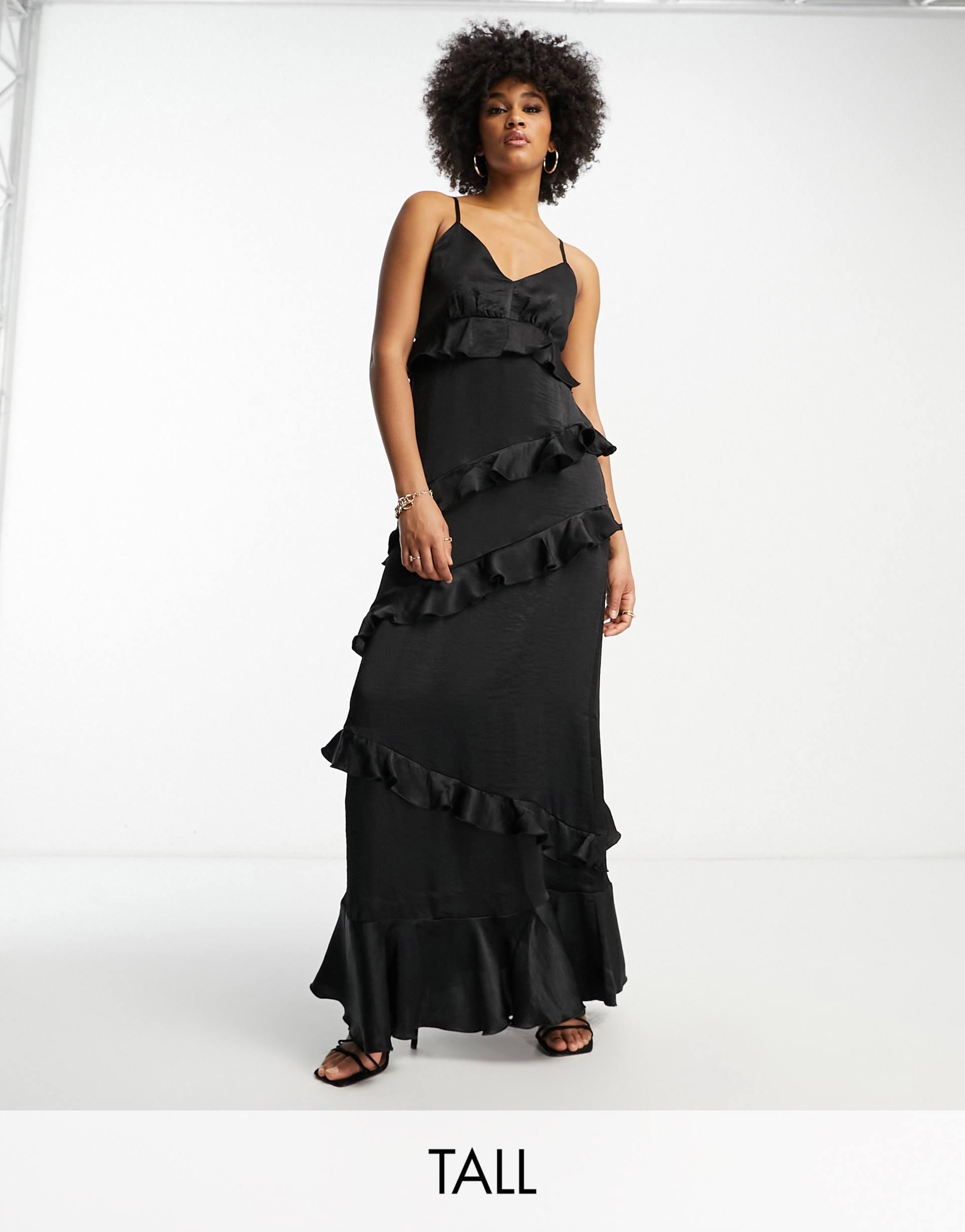 flounce london tall all over ruffle cami maxi dress in black