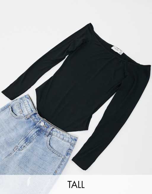 Flounce London Tall - Basic bardot body met lange mouwen in zwart