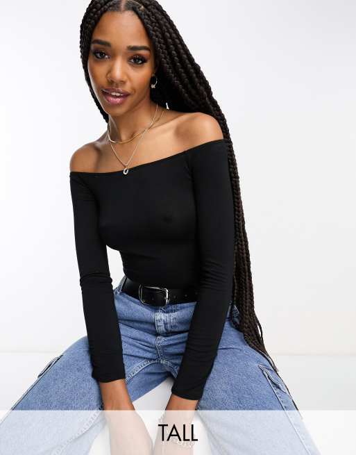 Flounce London Tall basic bardot bodysuit with long sleeves in black