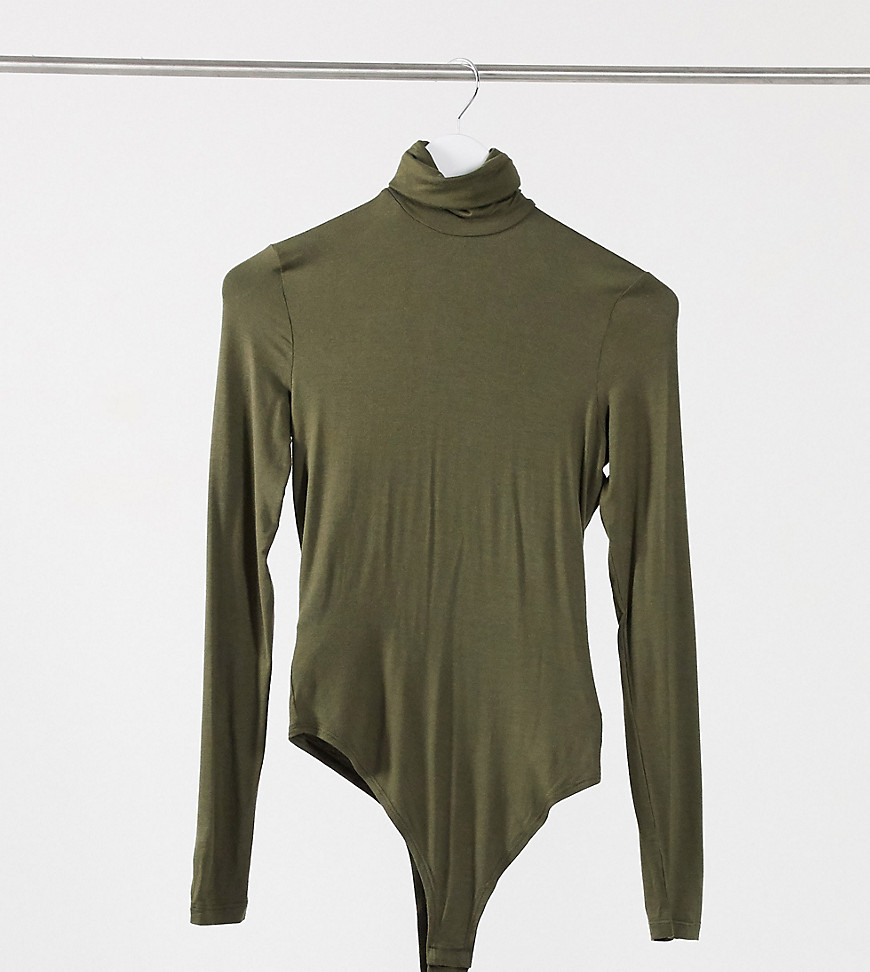 Flounce London Tall basic roll neck long sleeve bodysuit in khaki-Green
