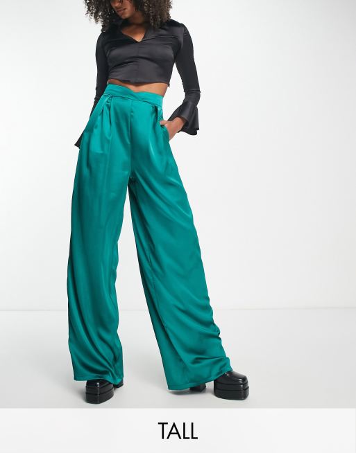 Flounce London Tall - Bukser med vide ben i smaragd satin 