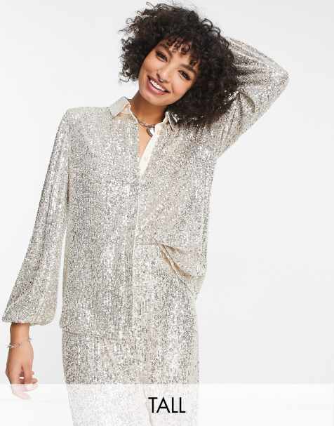 Flounce London Tall - Camicia comoda argentata con paillettes in coordinato - view 1