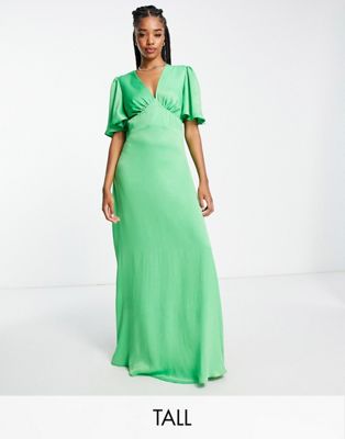 Flounce London Tall satin flutter sleeve maxi dress with plunge front in bold green