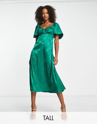 Flounce London Tall satin flutter sleeve midi dress in emerald jacquard
