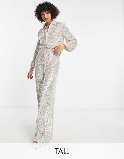 Flounce London Tall - Glinsterende broek met wijde pijpen in metallic zilver, deel van co-ord set 