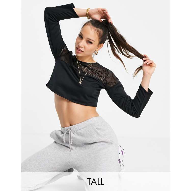 Flounce London Tall gym fishnet insert cropped jumper in black ASOS