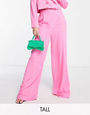 Flounce London Tall satin high waist wide leg trousers in pink co-ord
