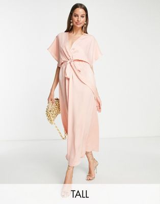 Flounce London Tall satin kimono sleeve midi dress in light pink