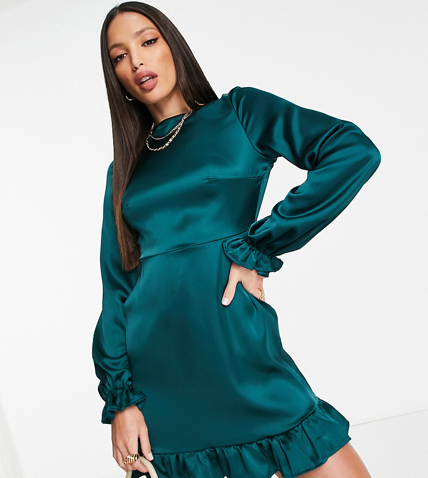 Flounce London Tall long sleeve backless satin mini dress in emerald green
