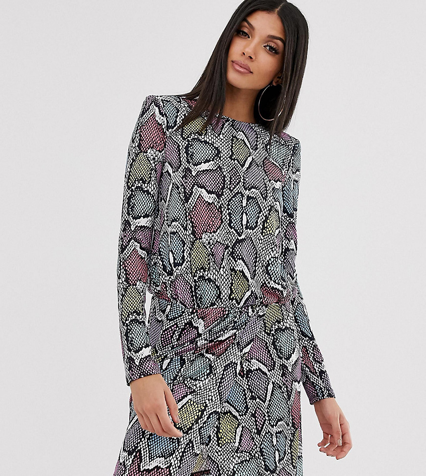 Flounce London Tall - Mini-jurk met overslag aan de voorkant en statement schoulders in gekleurde slangenprint-Multi