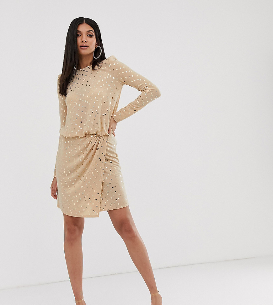 Flounce London Tall - Mini-jurk met overslag, statement schouders en gouden lovertjes-Zwart