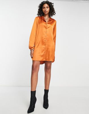 Flounce London Tall satin mini shirt dress in burnt orange