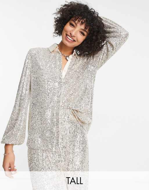 Flounce London Tall relaxed metallic sparkle men shirt in silver metallic sparkle co-ord 