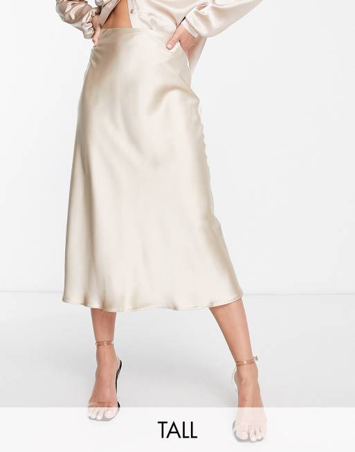 Flounce London Tall satin bias cut midi skirt in mink co-ord 