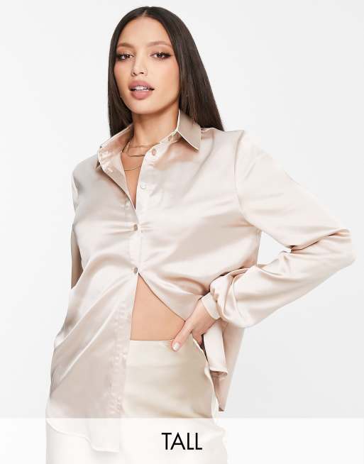 Flounce London Tall satin button up oversized shirt in mink - part of a set 