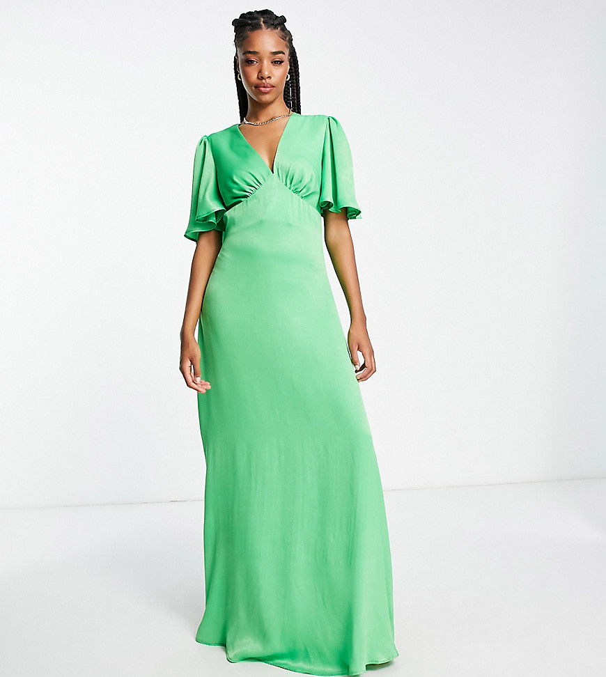 Flounce London Tall satin flutter sleeve maxi dress with plunge front in bold green