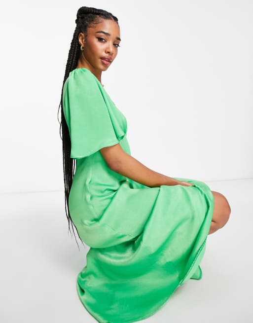 Flounce London satin flutter sleeve wrap front maxi dress in bold green, ASOS