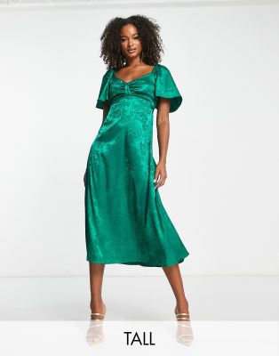 Flounce London Tall satin flutter sleeve midi dress in emerald jacquard-Green φωτογραφία