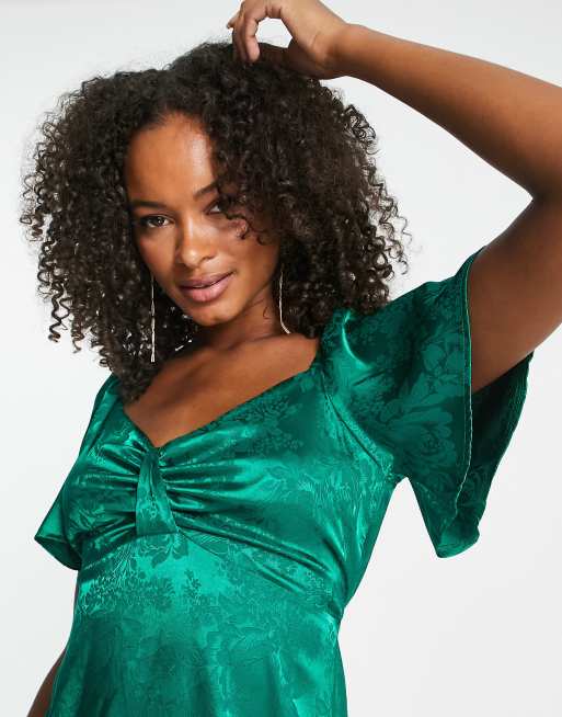 Flounce London Tall Satin Flutter Sleeve Midi Dress In Emerald  Jacquard-Green for Women