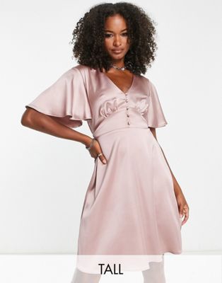 satin flutter sleeve mini dress in heather rose-Pink