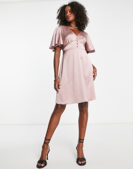 Flounce London wrap front midi dress in heather rose, ASOS