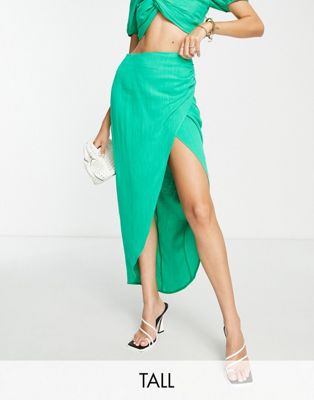 Flounce London Tall satin high waist maxi skirt with leg split in green co-ord  - ASOS Price Checker